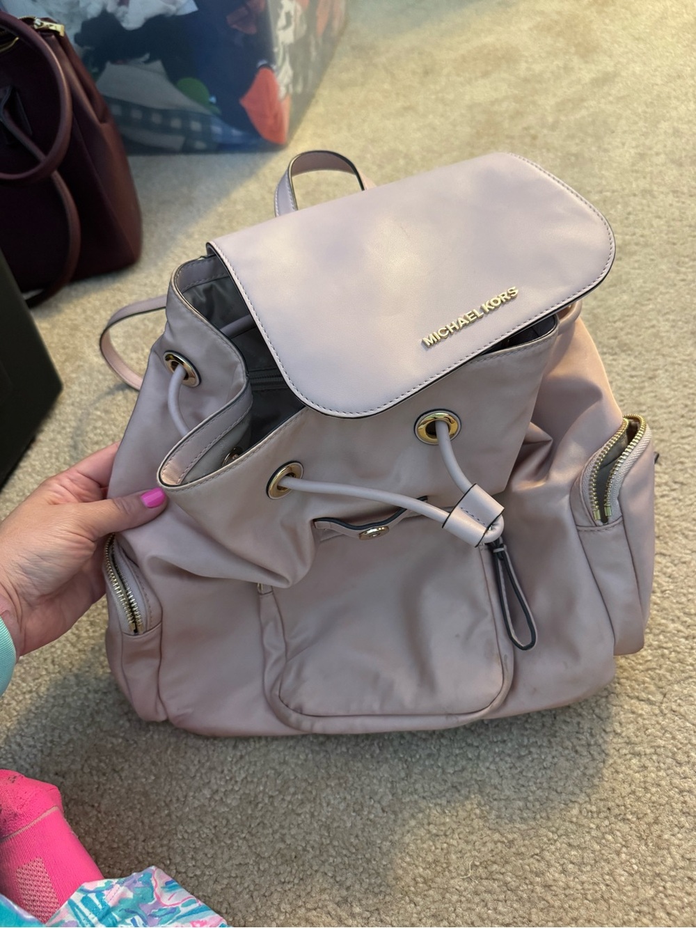 Michael Kors Blush Pink Drawstring Backpack with Gold Hardware